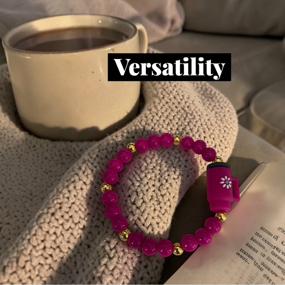 Vibrant Pink Beaded Bracelet with Daisy Mug Charm